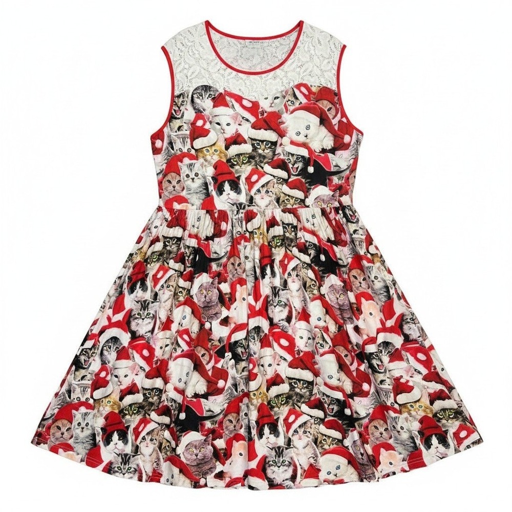 Womens Holiday Christmas Cat Santa Hat Lace Yoke Fit Flare Dress Red White 3XL